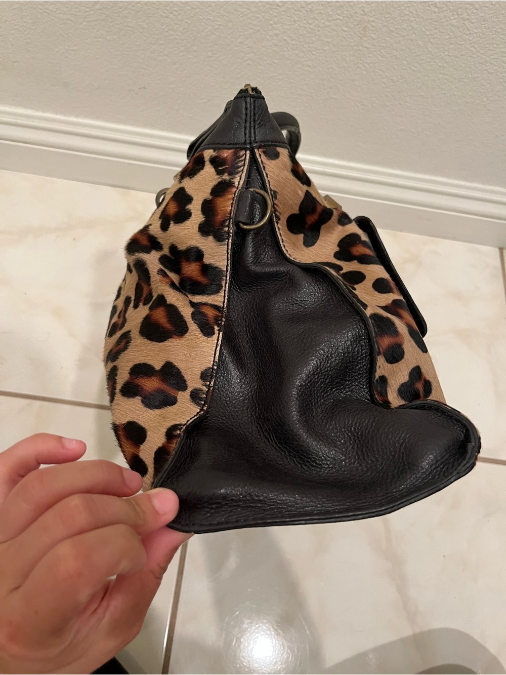 Vintage 90s Nordstrom Leopard Calf Hair & Leather Satchel Bag – Turn Lock Black - Picture 7 of 12